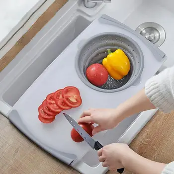 

Household Kitchen Anti-skid Retractable Cutting Chopping Board with Drain Basket Fruit Vegetable Chopping Block Cutting Board
