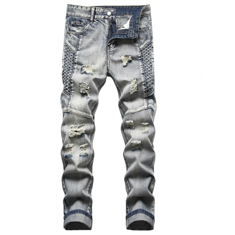 New Fashion Mens Cotton Ripped Hole Jeans Casual Slim Retro Jeans Men Trousers  2021 Male Hip hop Denim Pants pantalon homme