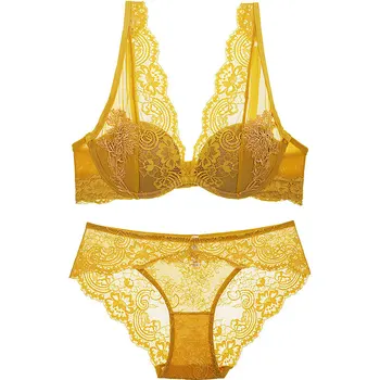 

EFIOLY 2020 New Deep V Bra Push-up Stitching Luxury Luxury Lace Embroidery Lingerie Sexy Lingerie Double-breasted Eyelash Lace