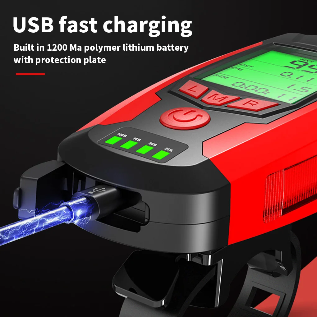 3 in 1 USB Bike Front Light 5 LED Bicycle Computer Horn Bicycle Flashlight IPX4 Waterproof Odometer Computer Speedometer