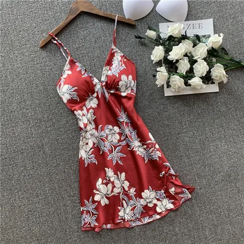 

Spring New Woman Ice Silk Sexy Nightdress With Chest Pad Sexy Printing Fashion Nightgown