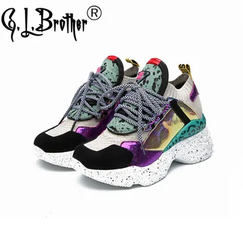 

Chunky Sneakers Women 2020 Autumn Dad Shoes Women's Leather Knitted Sneakers Dames 7.5cm Platform Casual Women's Shoes