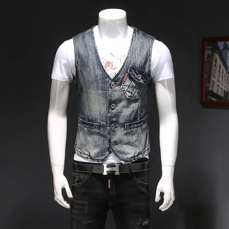 

Suit Fashion Vest Mens Retro Slim Fit Denim Vests Vintage Sleeveless Biker Jacket Four Season Western Cowboy Waistcoat