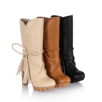 

2020New Thick Heel High Heel Medium Boots Women Waterproof Tassel Short Boots 33-43 Large Size Fur Boots Women White Shoes Brand