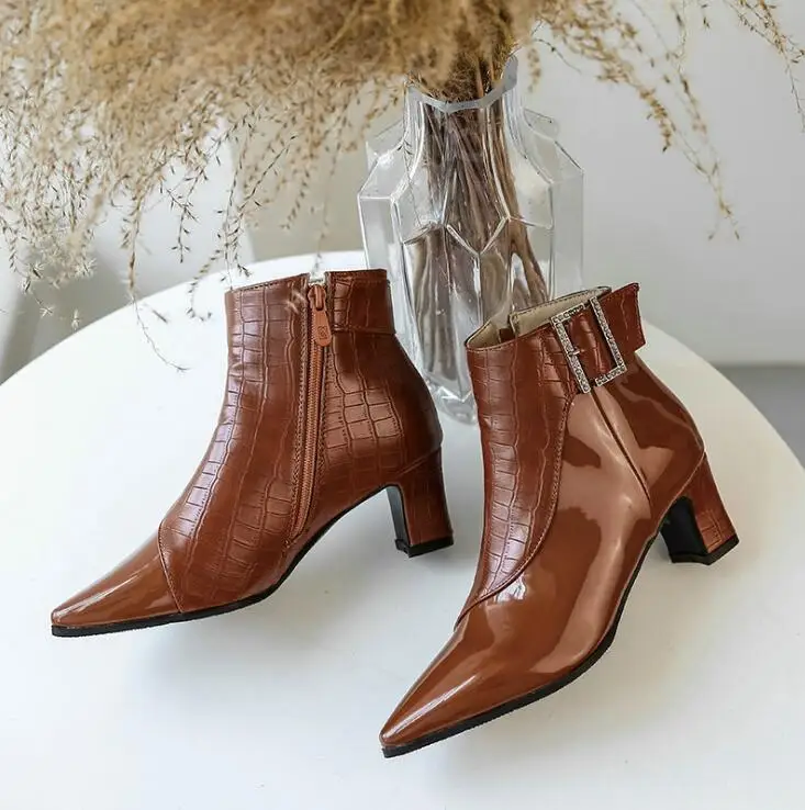 

Autumn Boots Women Patent Leather Rhinestone buckle Square heel Pointed Toe Short Boots 2020 New Ankle Boots