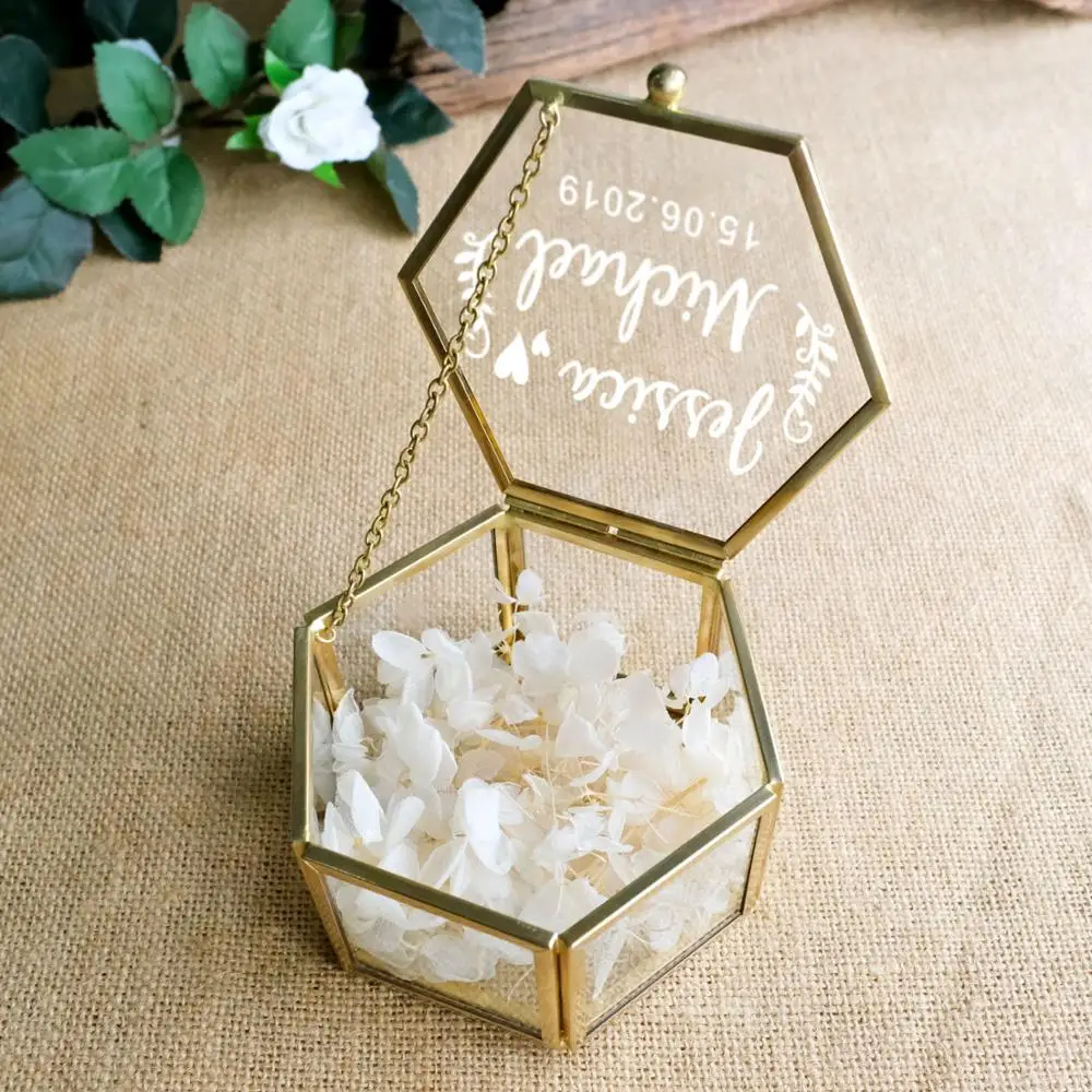 Caja de anillo de boda de cristal de regalo de boda peraonalizada caja de anillo de portador geometrica caja de