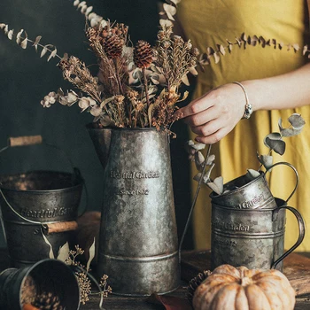 

KINGLANG American Retro Old English Printing Wrought Iron Flower Barrel Handles Arrangement Flower Florists