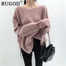 RUGOD, корейский стиль, Однотонный женский свитер,, Ретро стиль, рукав летучая мышь, Свободный пуловер, женский, Осень-зима, на шнуровке, трикотаж
