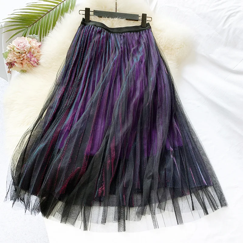 

Wasteheart Autumn Purple Gray Women Skirt A-Line Ankle-Length Mesh Clothing Sexy Empire Sweet Long Skirts Plus Size Pleated