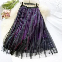 Wasteheart Autumn Purple Gray Women Skirt A-Line Ankle-Length Mesh Clothing Sexy Empire Sweet Long Skirts Plus Size Pleated