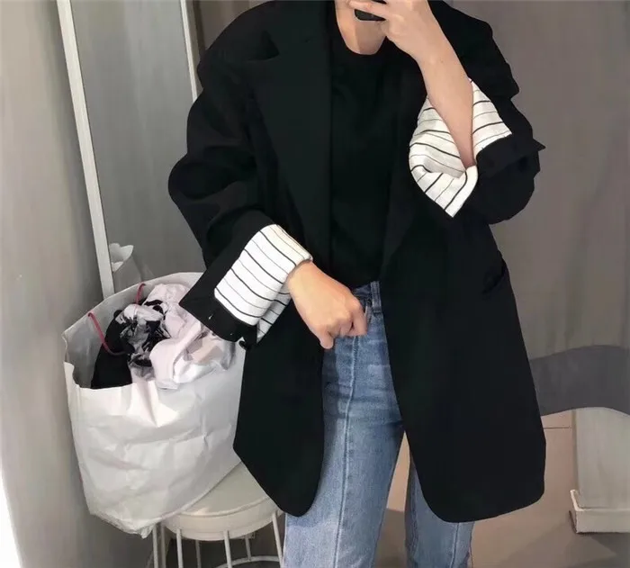 

South Korea CHIC Black Long Sleeves Suit Women's Spring And Autumn 2019 Versatile Casual INS Business Thin Suit Jacket