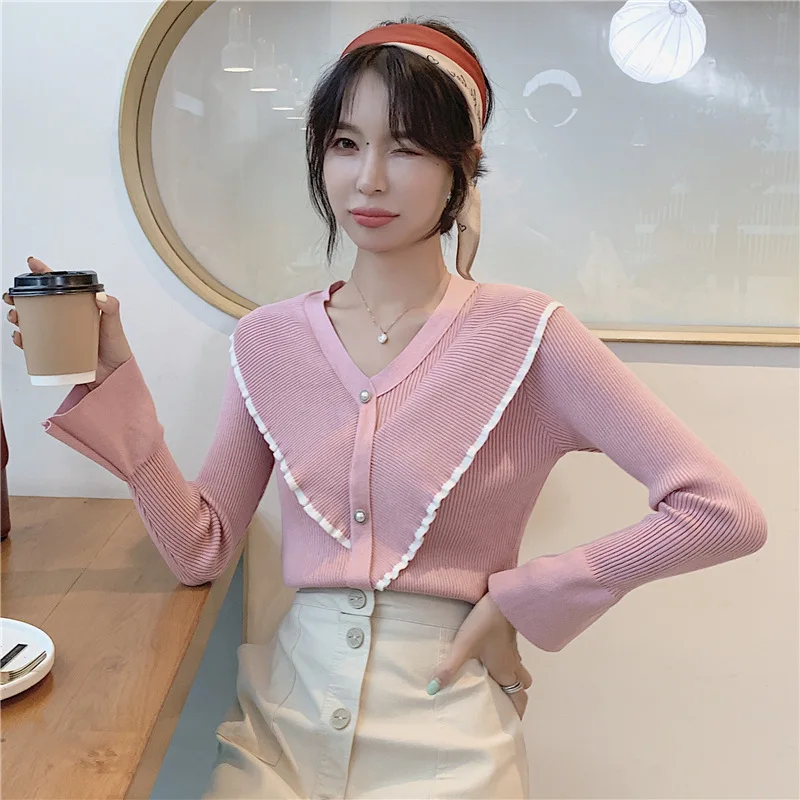 

2019 Winter & Autumn New Arrival Korean Long-sleeved Sweater Trumpet Sleeve Knit Sweater Women Bottoming Sweater Free Shipping