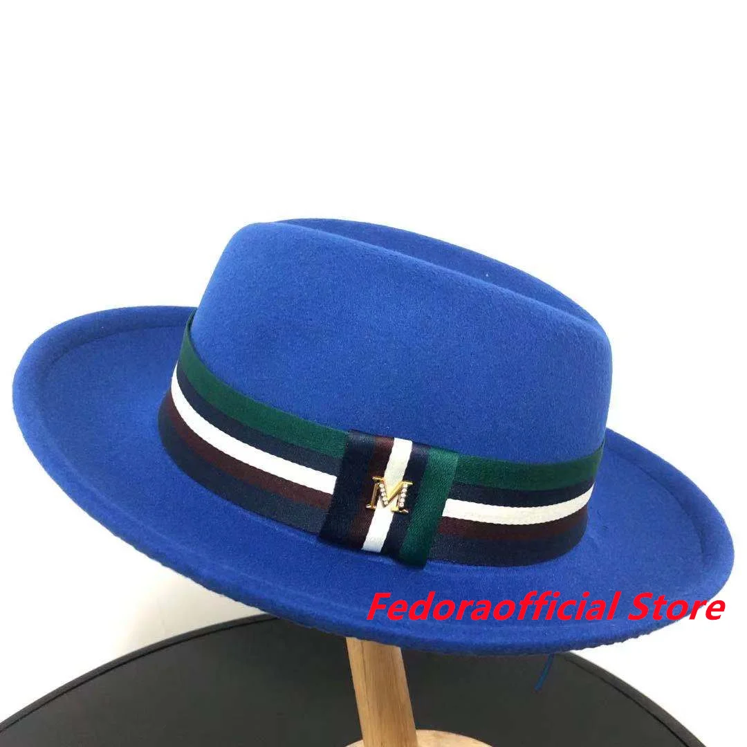 cream fedora hat Wholesale price Fedora hat new oval hat top M logo green ribbon accessories winter men and women felt jazz hat шляпа женская packable fedora