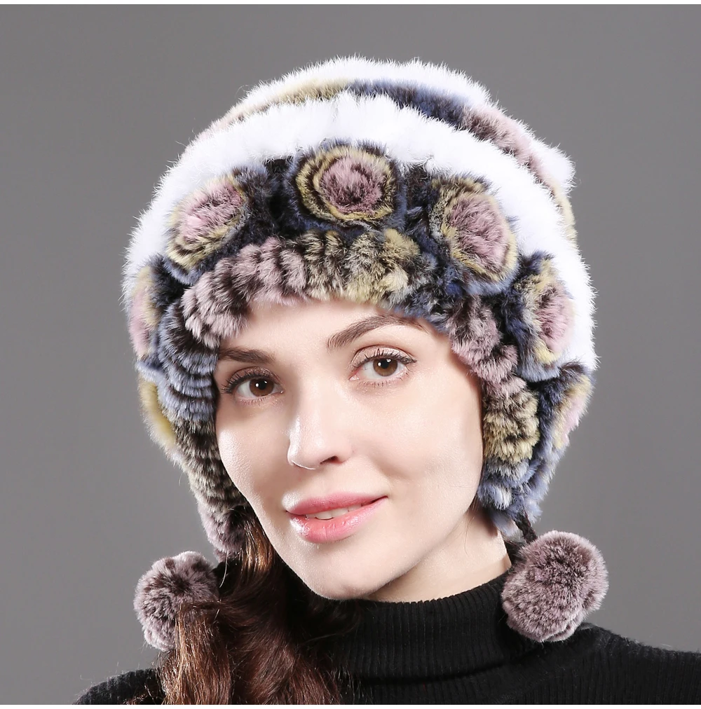 Новые зимние женские натуральные шапки из меха кролика рекс ручной вязки Настоящий мех кролика шапки Настоящий мех кролика Skullies Beanies Hat