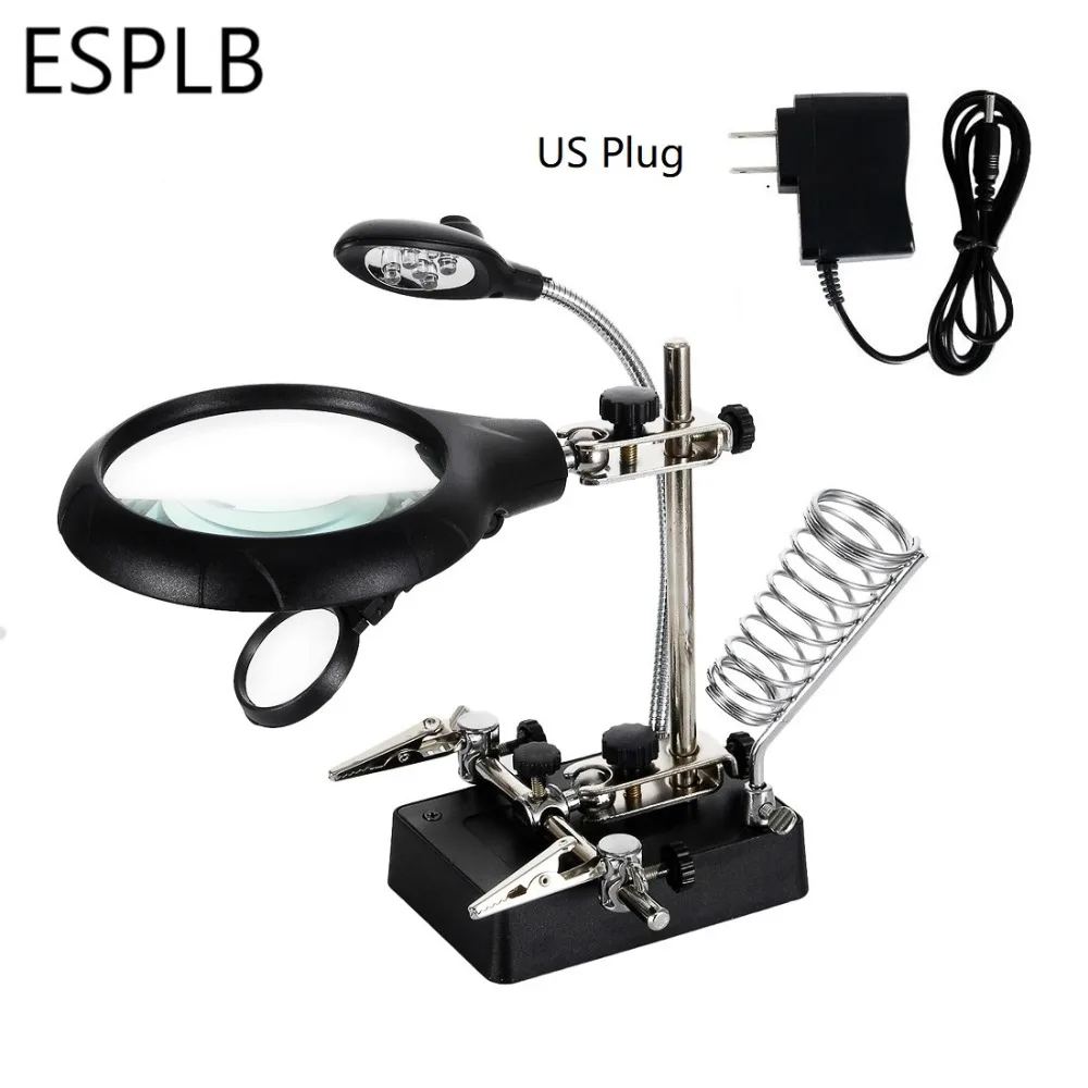 Soldering helping hands ESPLB third hand soldering iron stand with 5 LED clip welding magnifier