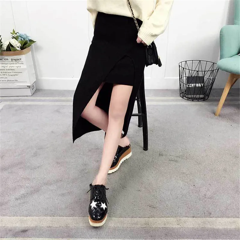 BLACK Осень Зима корейский Ulzzang женские Асимметричные Длинные юбки офисные женские разрезные Юбки Женская посылка юбки с высокой талией - Цвет: BLACK