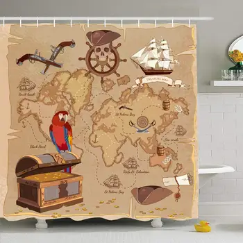 

Shower Curtain Set with Hooks 60x72 Old Parrot Treasure Hat Ship Map Collection Steering Coins Paper Chest Vintage Parks indoor