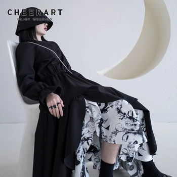 

CHEERART Spring 2020 Black Long Dress Women Monroe Print Asymmetrical Dress Long Sleeve Midi Ruched Dress