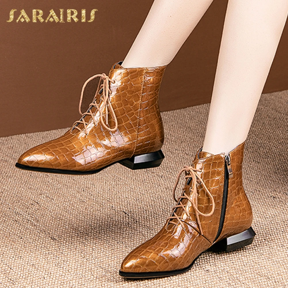 

Sarairis Fashion New Design Plus Size 33-50 Square Heels Lace Up Shoes Woman Boots Pointed Toe Ankle Boots Women Shoes Footwear