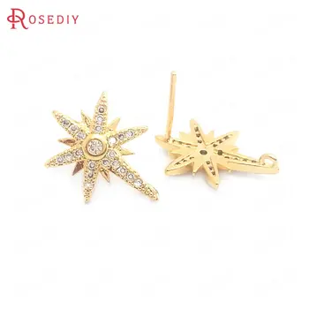 

(38425)2PCS Height 16MM 24K Gold Color Brass and Zircon with 925 Sterling Silver Pins Star Stud Earrings Jewelry Making Supplies