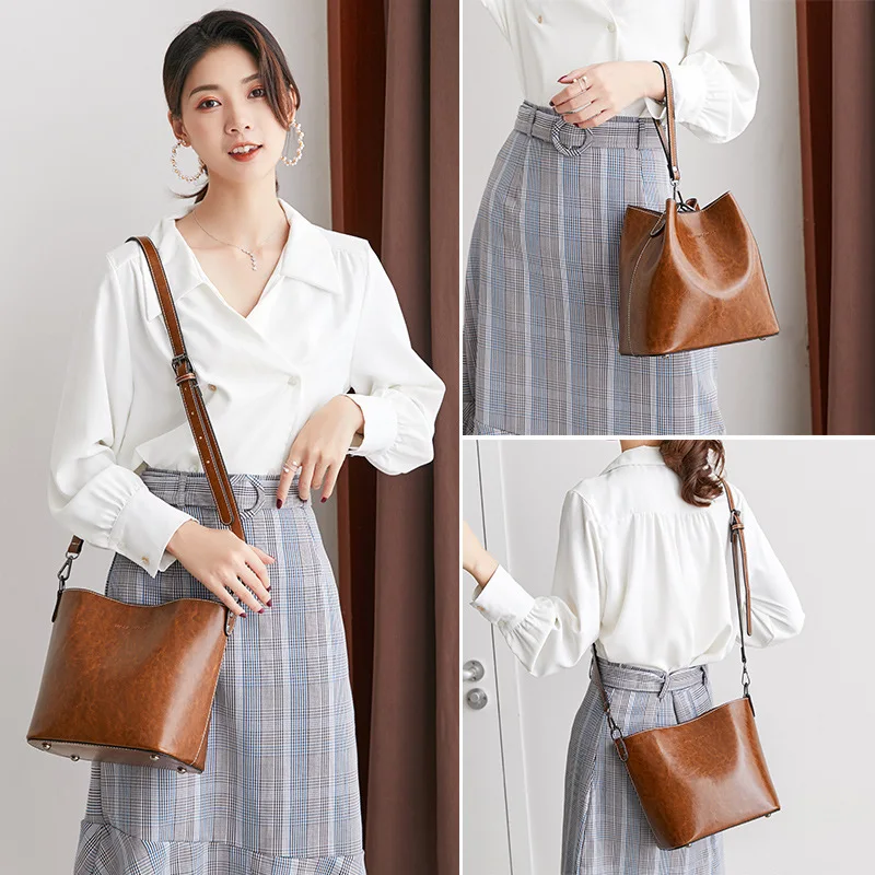 

Versatile Carrying Bucket Bag Women's 2019 Autumn New Arrival Large-Volume Retro Oil Wax Leather Different Size Bags One-Shoulde
