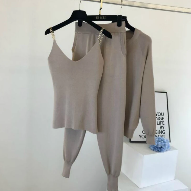 

2020 New Set for Women Sweet Chain Vest Knitwear + Elastic Pants Three-Piece Set Women 3 Piece Outfit fall Clothes For Women