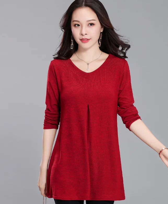 wine red Dingaozlz M-4XL плюс размер длинная футболка новая элегантная повседневная одежда однотонные женские Топы с длинным рукавом женская рубашка - Цвет: wine red