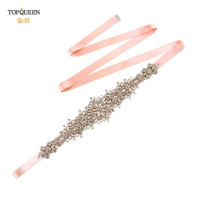 TOPQUEEN S319-G Plus Size Bridal Gowns Belts Golden Belts for Women Rhinestones Belt Girlfriend Luxury Ribbon Belt Wedding Sash Vntage Pink ribbon