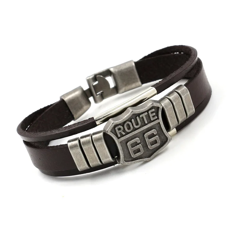New Men’s Leather Bracelet with Hot ROUTE 66 60s Road Sign Motorcycle Biker Rider Black Bangles Males Jewelry