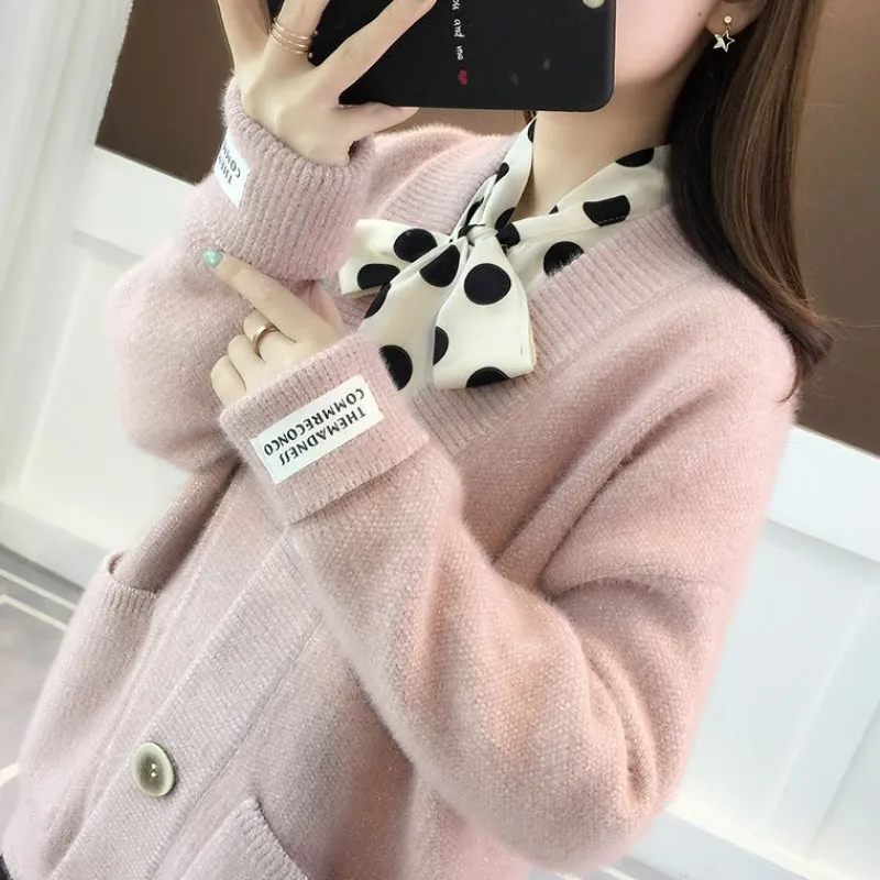 Korean Women Loose Cardigan Coat Double Pocket Design Sweater Jacket Cute Sweet Girl Casual Long Knitted Cardigan Pink Cape Top