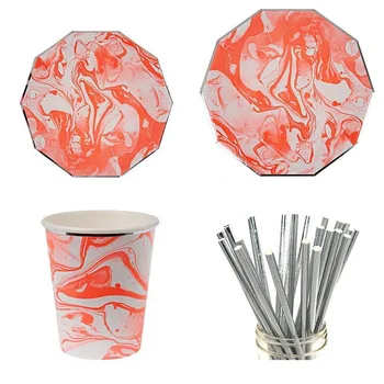 

stamping marble Orange birthday party decorations kids party Supplies disposable tableware cake paper plates cup straw 49pcs/lot