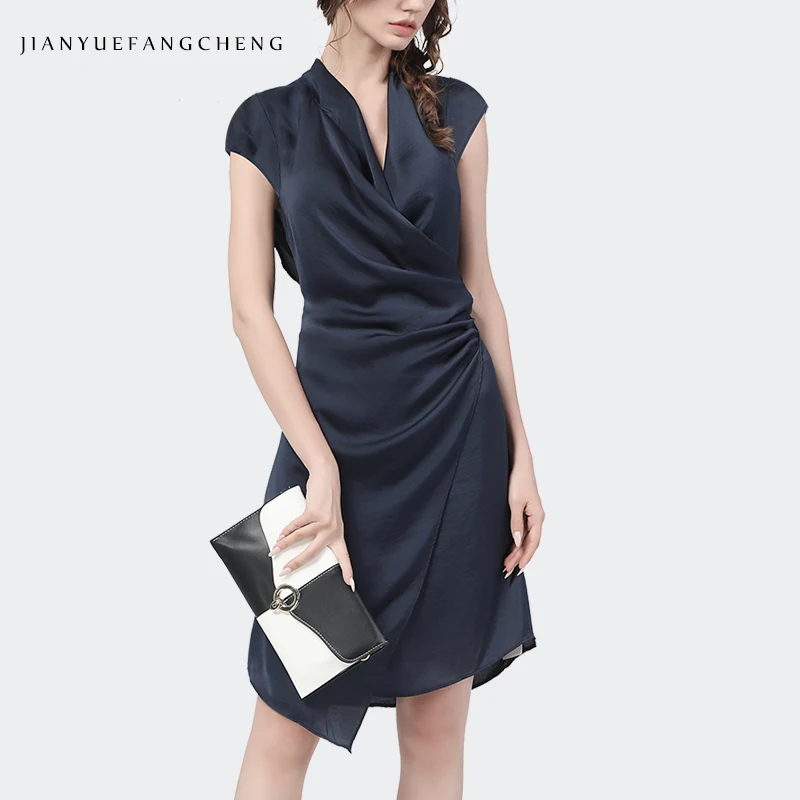 

Women' Summer Dress Elegant Bodycon Blue Irregular Short Sleeve V-Neck Mid-Length Dresses Side Shirred Design Cardigan Dress