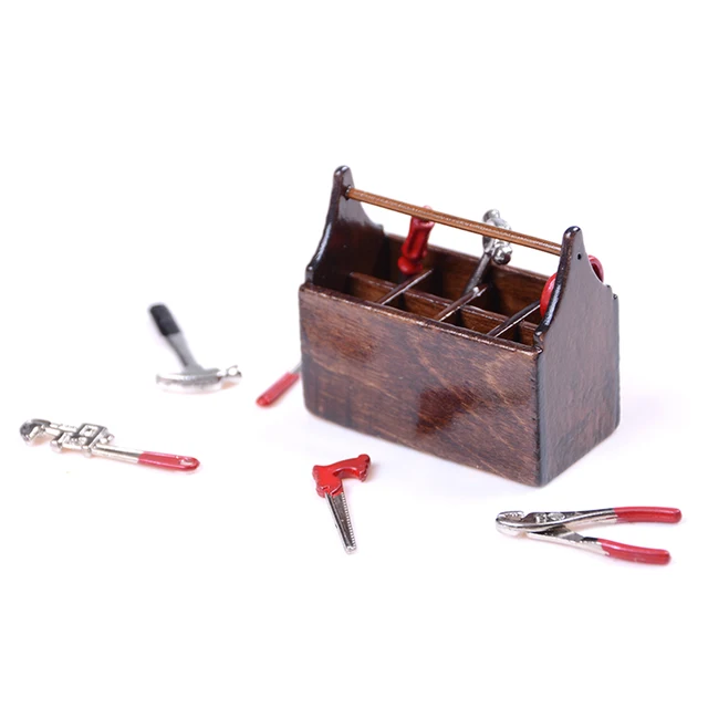 Dollhouse Miniature Wooden Tool-box Metal Tools Set Model Decor Toy Accessories Kids Educational Intelligence Development Toys 2