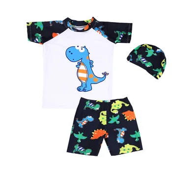 

Children's Swimming Suit Cartoon Dinosaur Kids Boys Three Pieces Swimsuit Hat + Top + Swim Bottom
