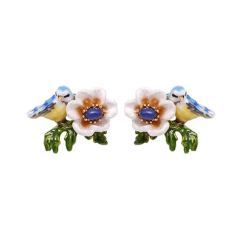 

Stud Earrings For Women French Style Fashion Creative Blue bird Earrings Enamel Glaze White Flower Party Wedding Earrings