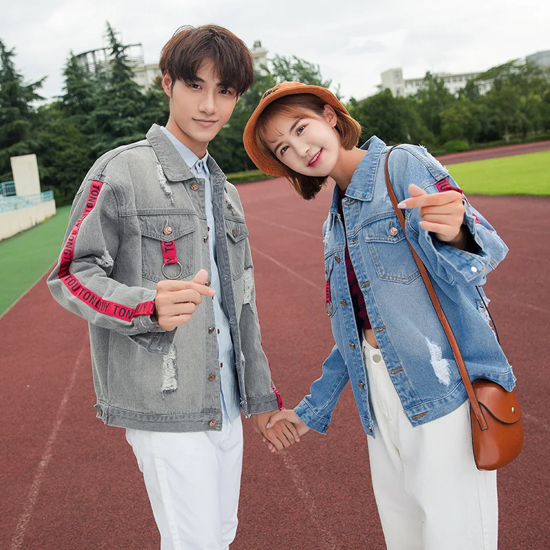 

2019 Spring And Autumn Denim Jacket Spell Letter Band with Holes Greyish Black BF Hong Kong Flavor CHIC University Style Couples