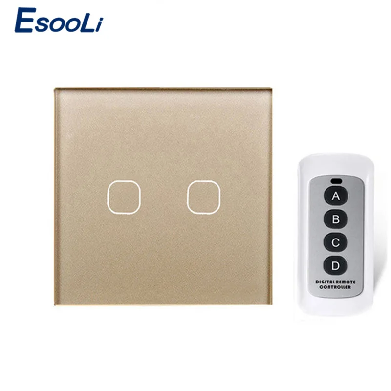 Esooli стандарт ЕС/Великобритания 2 банды 1 способ дистанционное управление переключатель, AC 170~ 240 В настенный светильник дистанционный сенсорный переключатель с мини-пульт дистанционного управления - Цвет: 2 Gang Gold-B