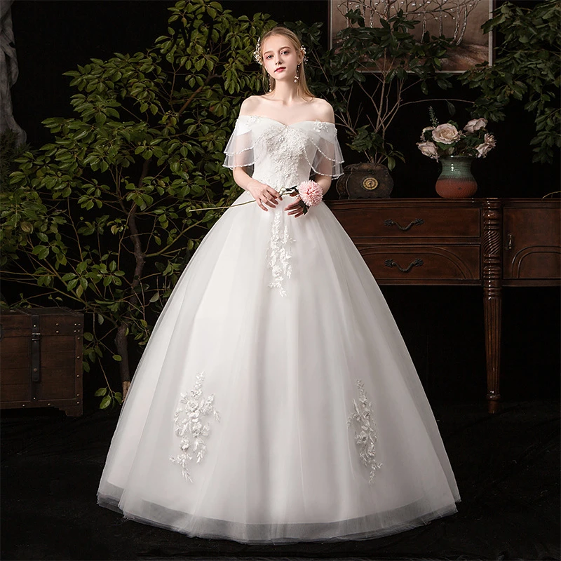 

SERMENT Elegant Long Sleeve Floral Print Wedding Dress Lacework Floor-Length Suitable for Garden Church Beach Wedding Plus Size