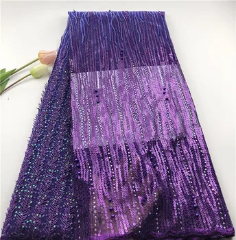 

French Net Lace Fabric 2019 Latest african guipure lace fabric with embroidery mesh tulle purple Sequins lace fabric