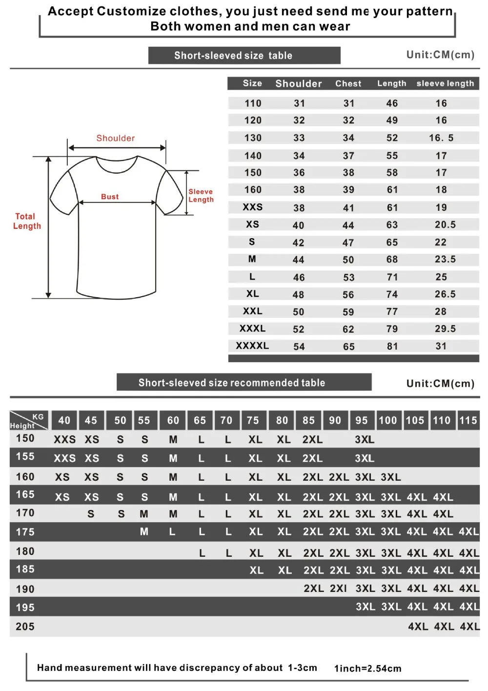 成人儿童尺码表110-4XL