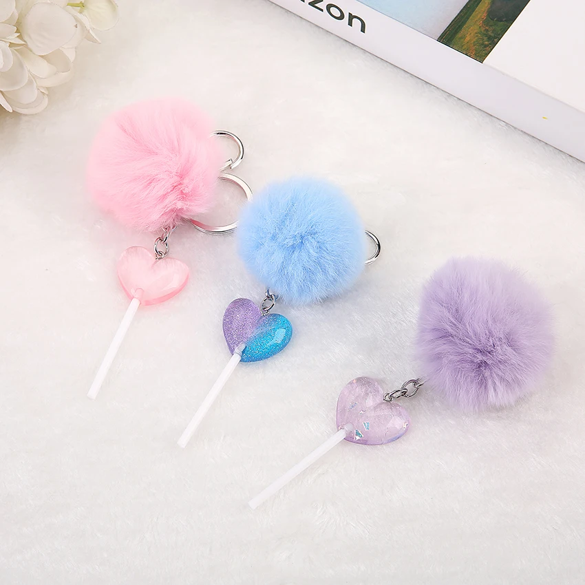 

1PC Women Keychain Heart Lollipop Rresin Charms Handbag Keyring with Puffer Ball Heart Lollipop Keyring