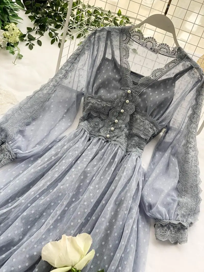 Женское Сетчатое платье миди с длинным рукавом кружевное лоскутное в горошек V