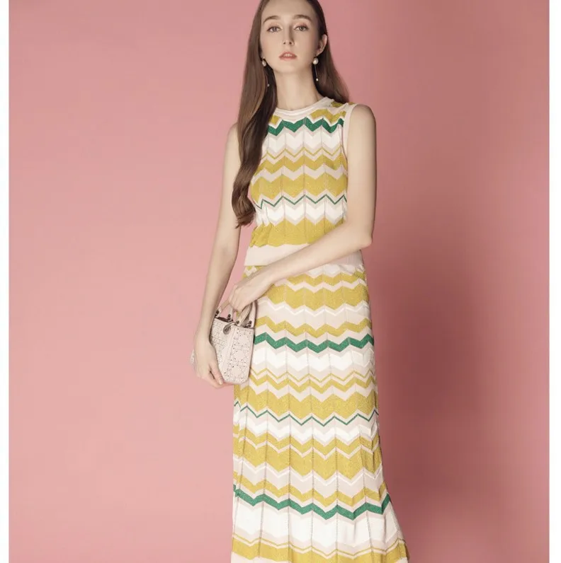 

Ozhouzhan WOMEN'S Dress 2019 Summer New Products Color Wave Pattern Sleeveless Vest + Mid-length Skirt-Style Set