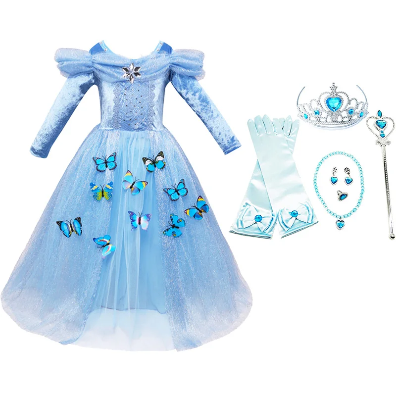 B dress and S01 Платье Золушки для девочек, детский карнавальный костюм, детская одежда для карнавала, дня рождения, праздника, вечеринки, синие платья, аксессуары - Цвет: B dress and S01