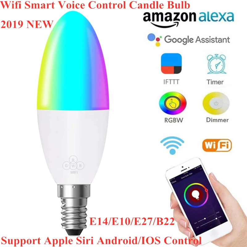 

2PCS WiFi Candle Flame Cob LED Bulb E14/E27 LED Lamp RGB Support Alexa/Google Home Remote Voice Control 6W Smart LED Lights Bulb