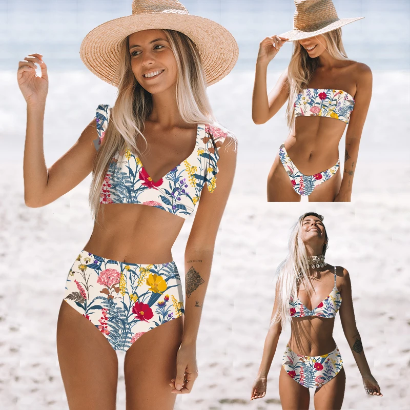 

Women Sexy High Waist Swimwear Ruffle Floral Print Bikini Set Tube Top Brazilian Bathing Suit Swimsuit Beachwear Biquinis Mujer