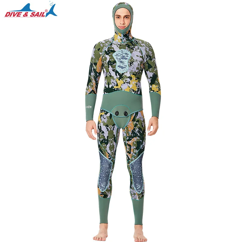 Мужской неопреновый костюм из двух частей 5 мм с капюшоном, костюм для подводного плавания, зимний теплый костюм для подводного плавания и серфинга - Цвет: Green