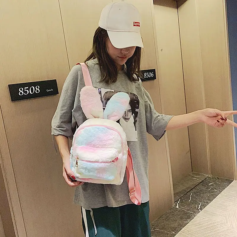 Rabbit Ears Tie Dye Plush Backpack For Women Faux Fur Shoulders Bag Cute Furry Mini Backpacks Girl Fluffy Bag 2021 Winter New