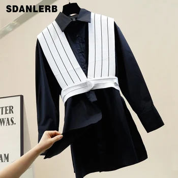 

Mid-Length Irregular Slit Shirt Women's Retro Big V-neck Knit Striped Vest + Long Lapel Blouse Two-Piece Set Ladies Outfit
