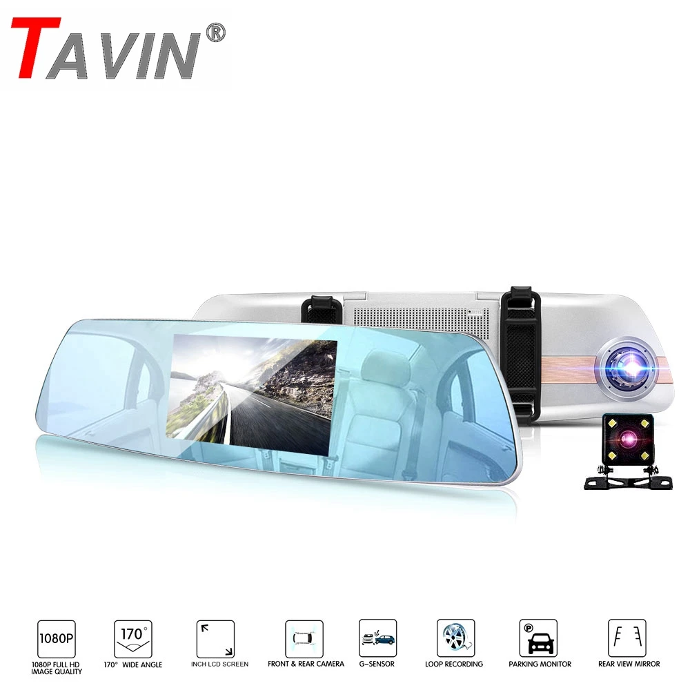 Автомобильный видеорегистратор TAVIN 5 дюймов 1080P с двумя объективами зеркало